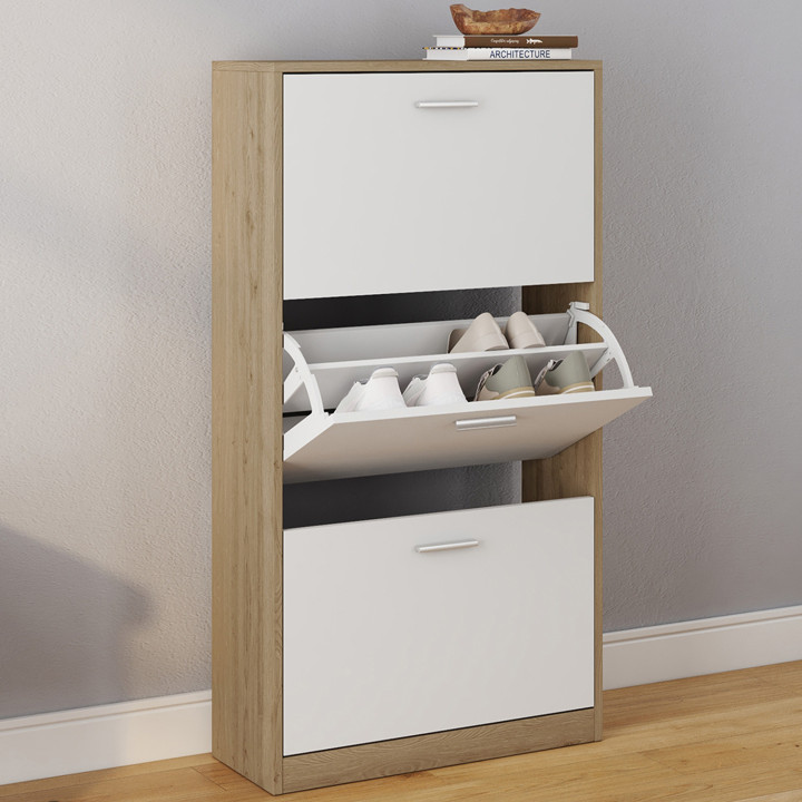 Mueble zapatero de 3 puertas imitación haya y blanco | ID Market