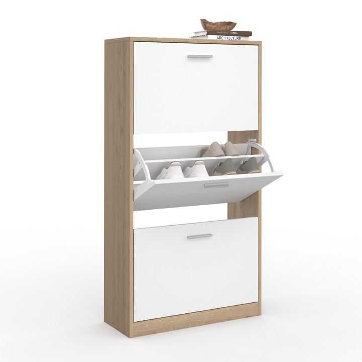 Mueble zapatero de 3 puertas imitación haya y blanco | ID Market