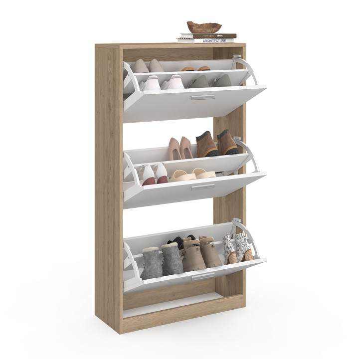 Mueble zapatero de 3 puertas imitación haya y blanco | ID Market
