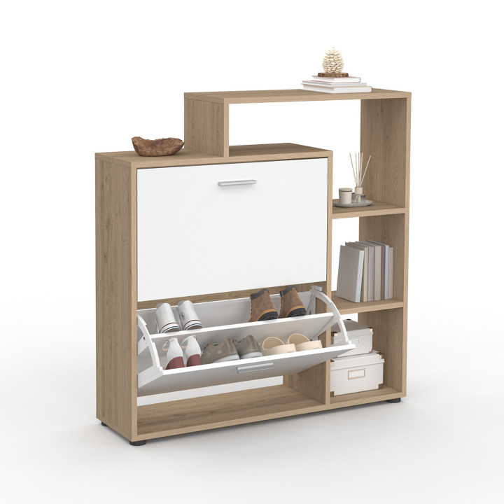 Mueble zapatero 2 puertas imitación haya y blanco con estantes | ID Market