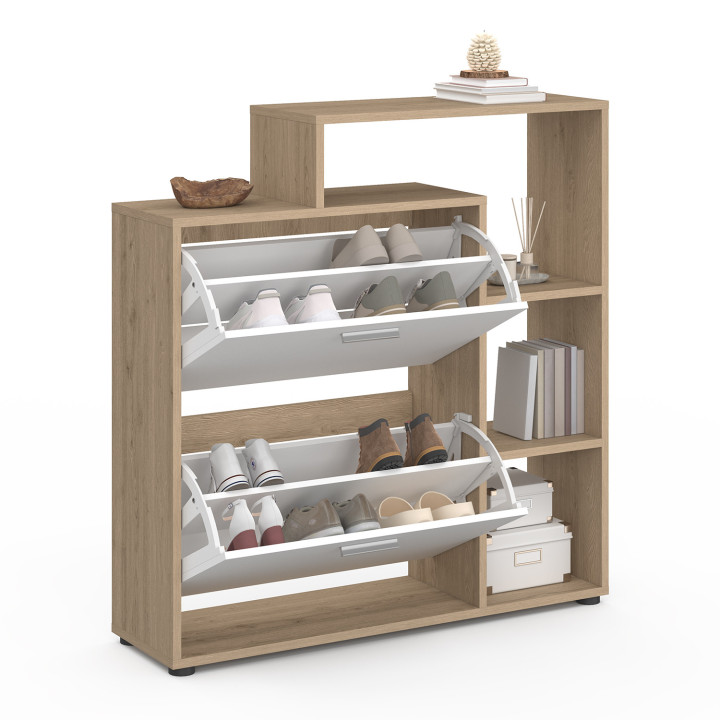 Mueble zapatero 2 puertas imitación haya y blanco con estantes | ID Market