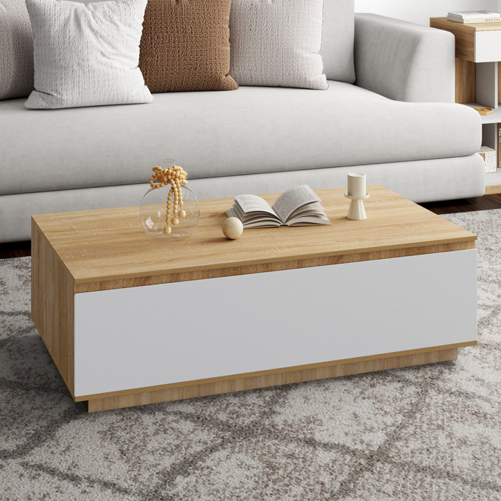 ¡Mesa de centro de madera de haya de 110 cm con puerta blanca - TOMI | Zen Cart! IDMarket