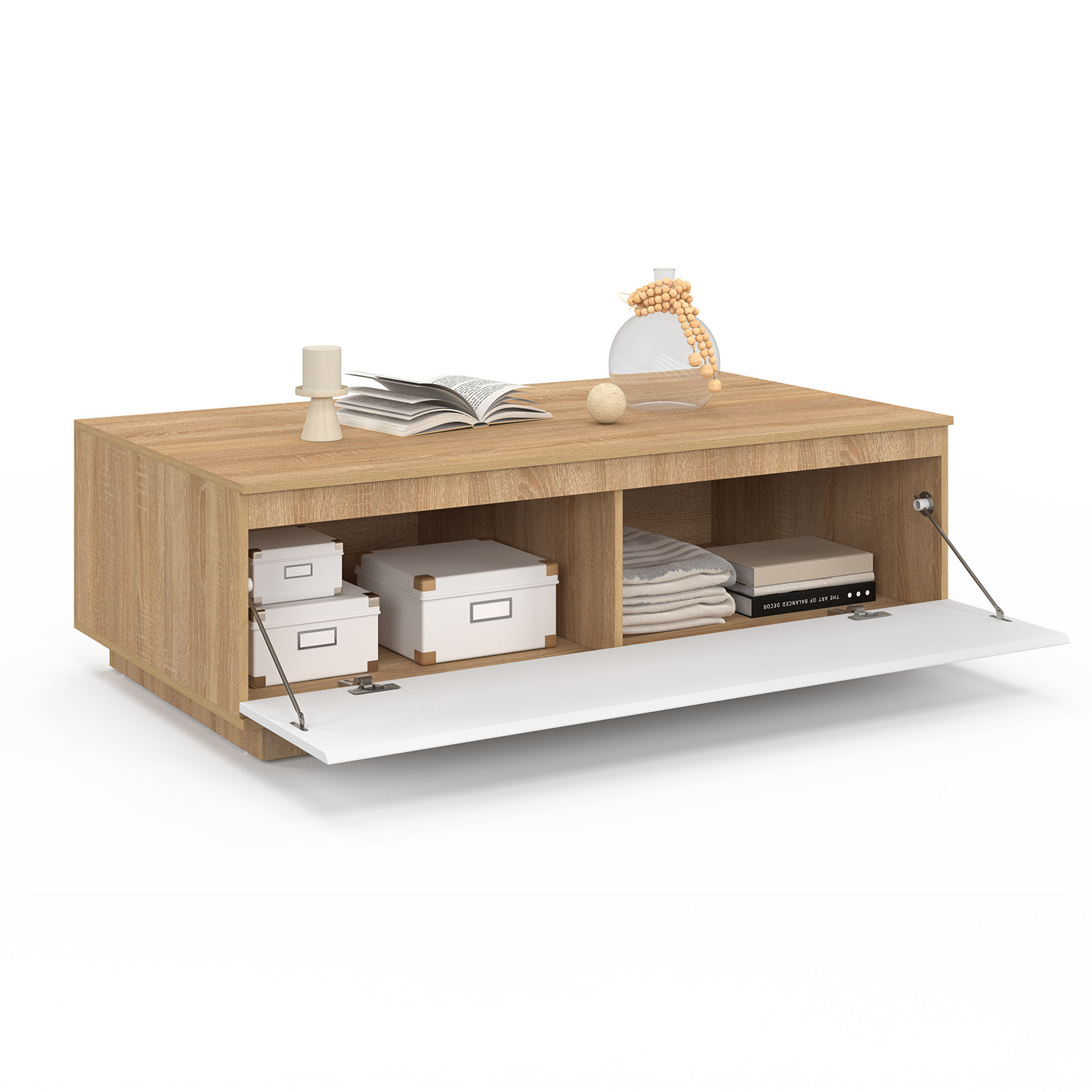 Table basse 110 cm avec porte façon hêtre et blanc