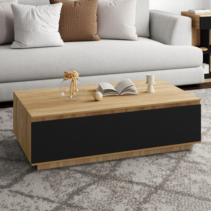 ¡Mesa de centro de madera de haya de 110 cm con puerta negra - TOMI | Zen Cart! IDMarket