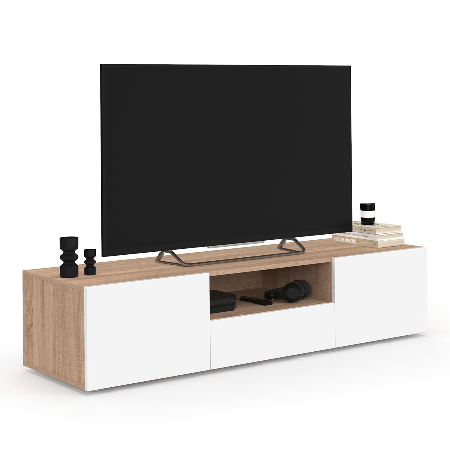 Meuble TV 140 cm bois façon hêtre portes blanches