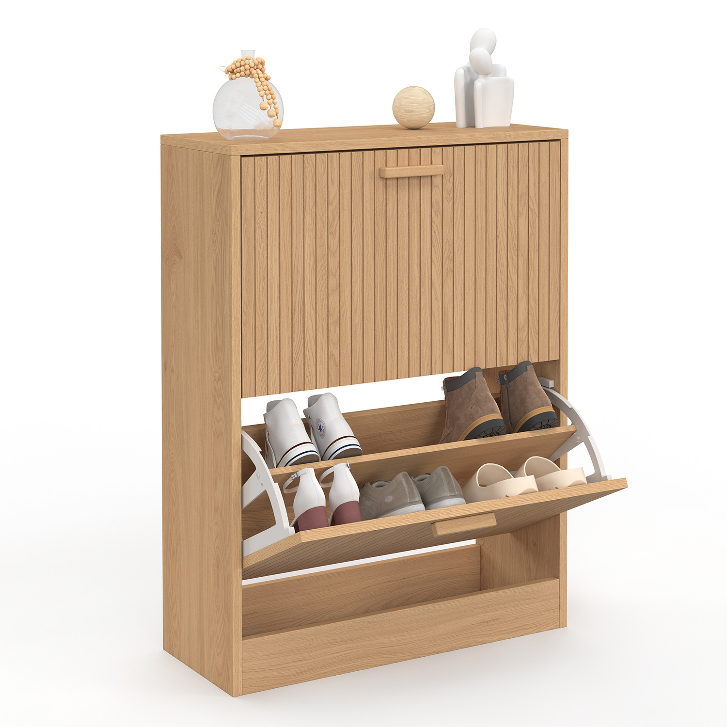 Meuble à chaussures 12 paires 2 portes lattes bois coloris chêne- IDMarket