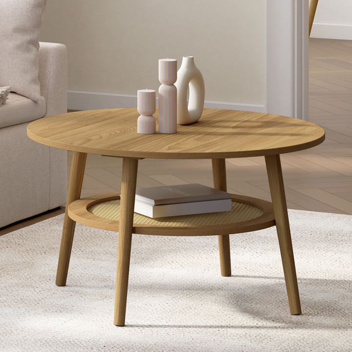 Mesa de centro redonda de 70 cm en madera de haya con tablero efecto caña natural - HANAE | IdMarket