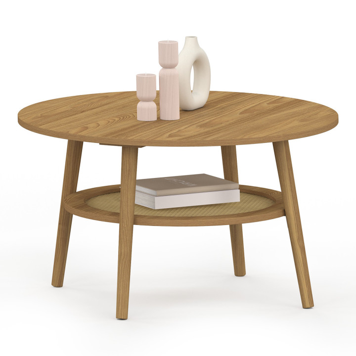 Mesa de centro redonda de 70 cm en madera de haya con tablero efecto caña natural - HANAE | IdMarket
