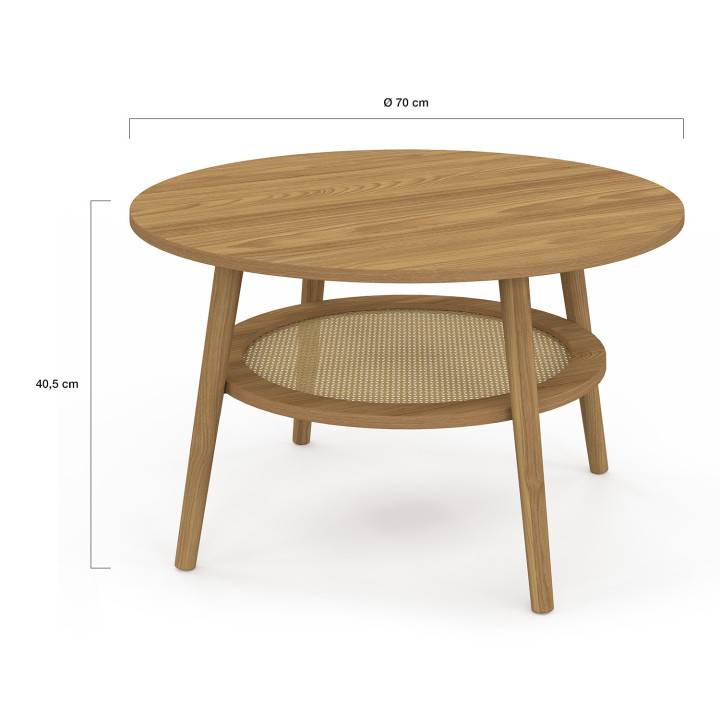 Mesa de centro redonda de 70 cm en madera de haya con tablero efecto caña natural - HANAE | IdMarket