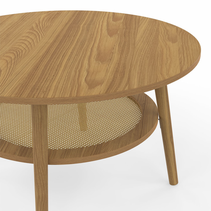 Mesa de centro redonda de 70 cm en madera de haya con tablero efecto caña natural - HANAE | IdMarket