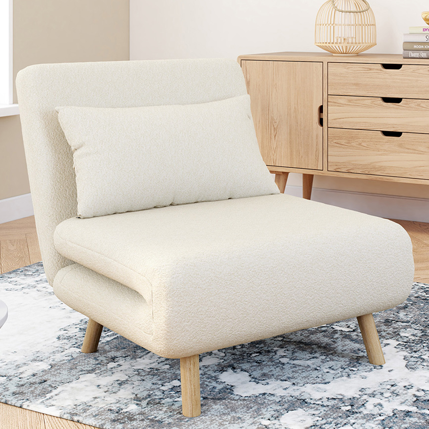 Fauteuil convertible en lit d'appoint 1 place 80x190 cm bouclette blanc