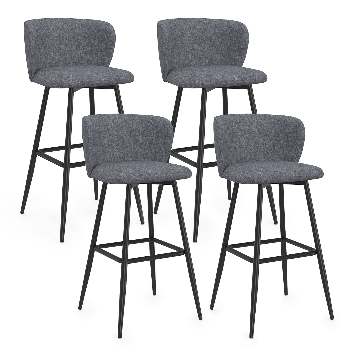 Lot de 4 tabourets de bar assise en tissu gris foncé et pieds en métal noir