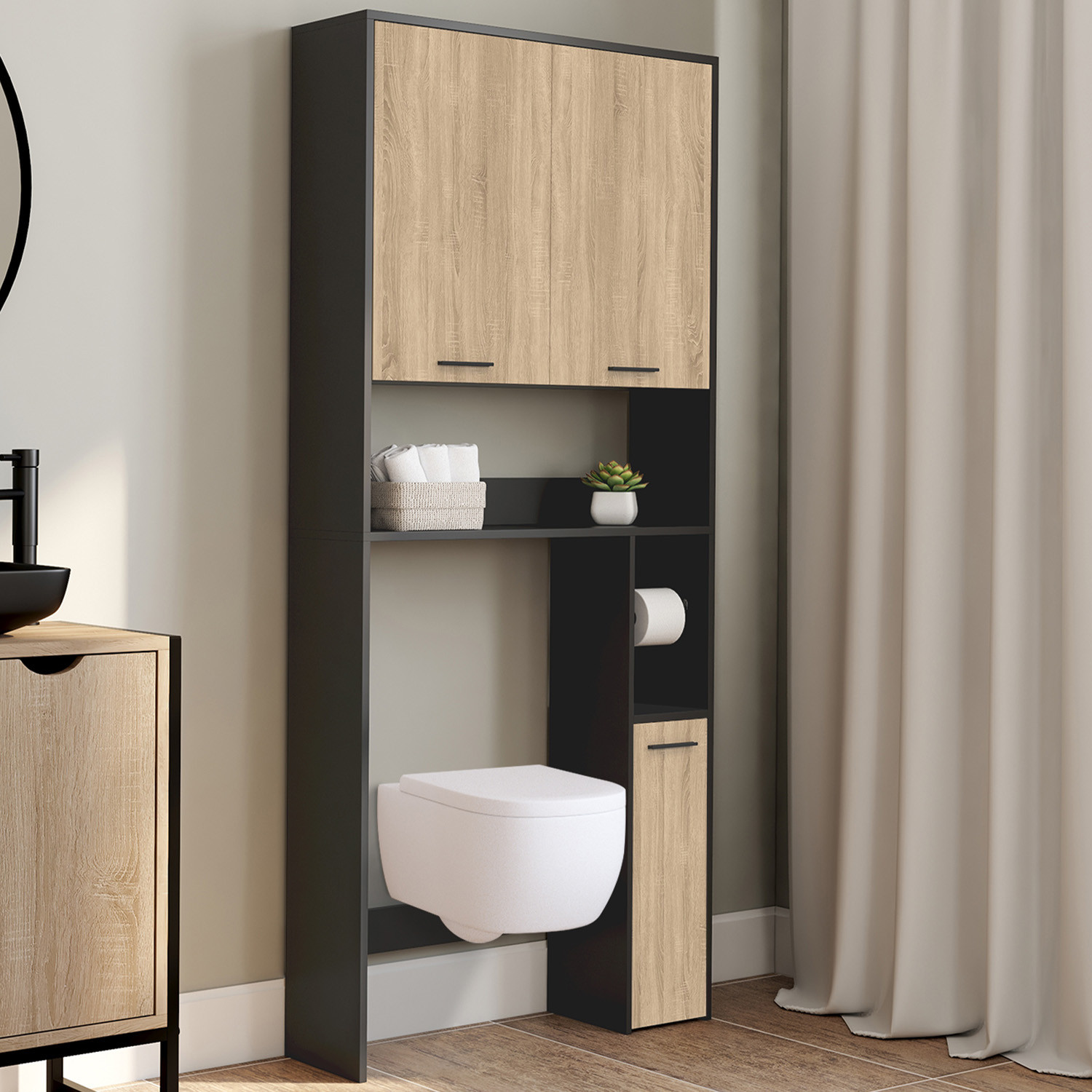 Meuble étagère dessus WC noir et bois façon hêtre
