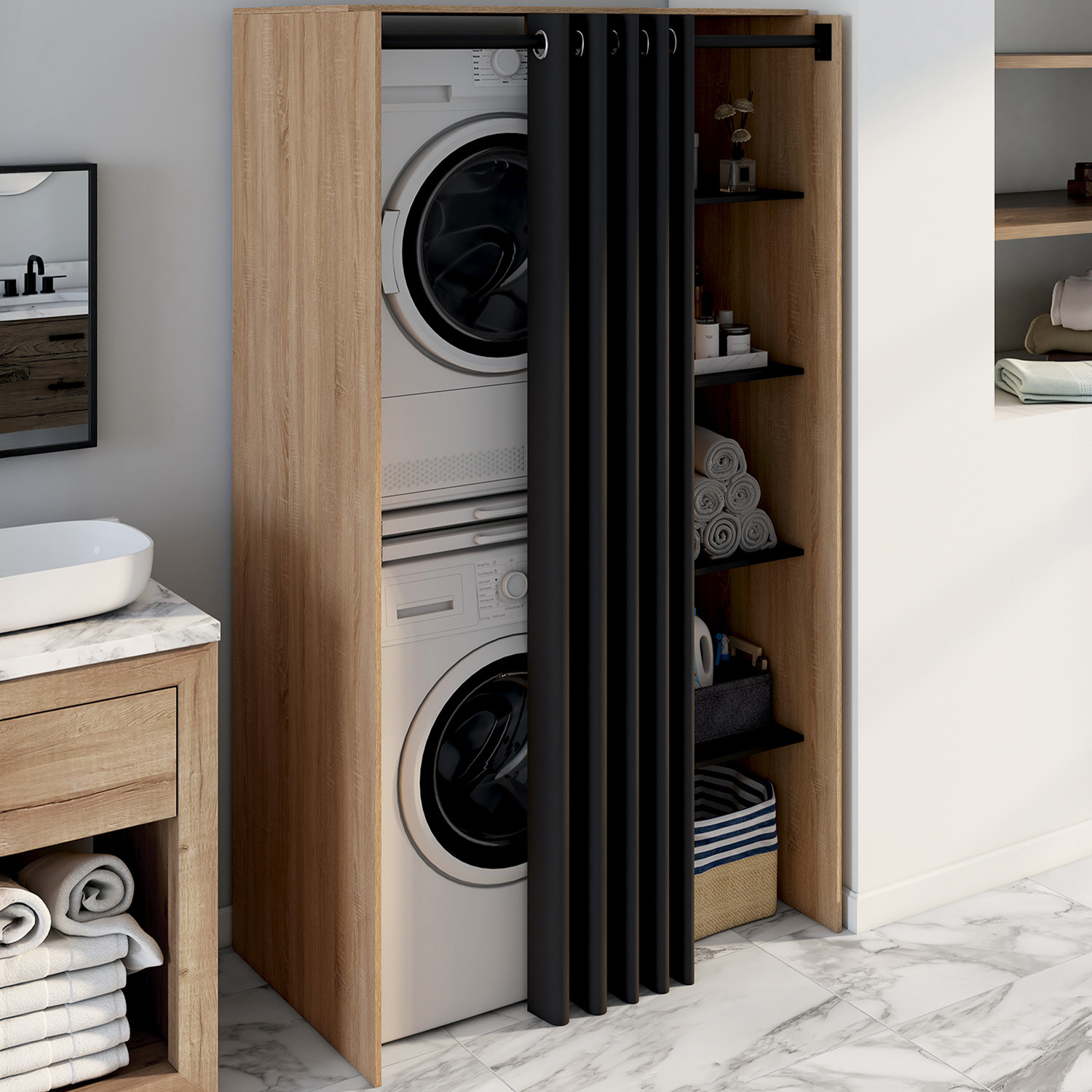 Meuble pour buanderie double machine à laver 180 cm hêtre et noir avec rideau coulissant