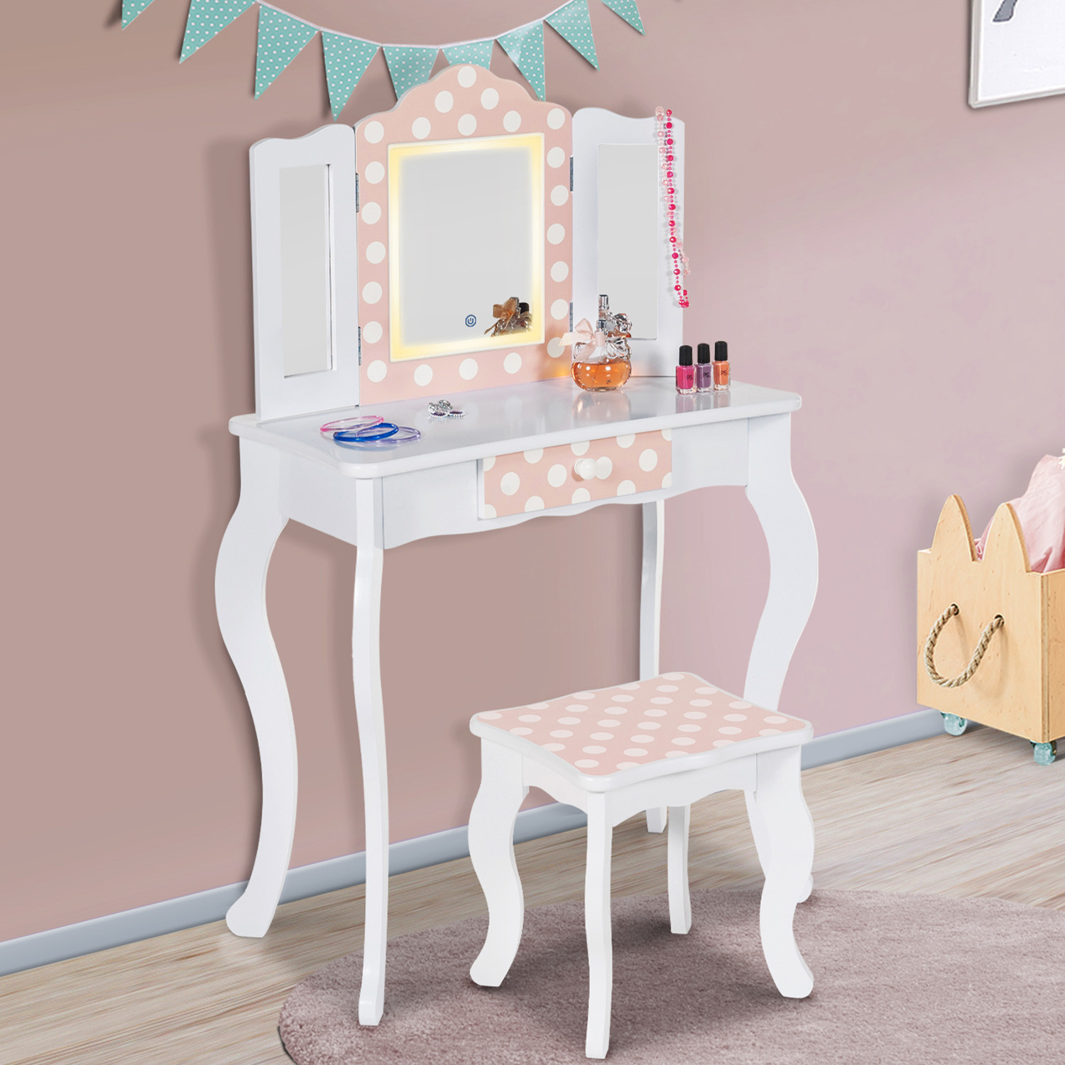 Coiffeuse enfant blanche et rose avec 3 miroirs et tabouret