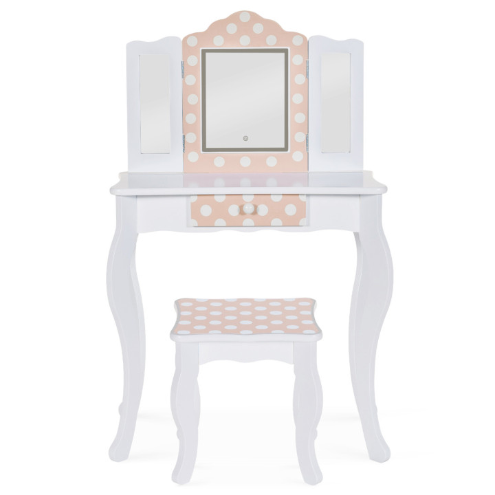Tocador infantil con 3 espejos blancos y rosas y taburete - ROZA LED | La familia ROZA IDMarket