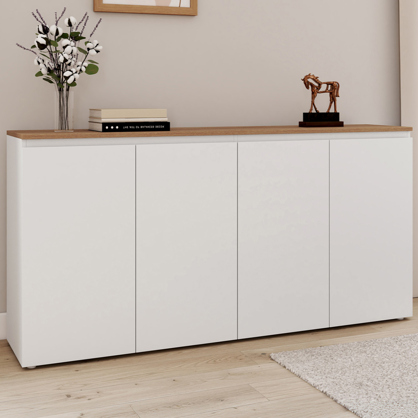 Sideboard 4-türig 160 cm weiß und Holzplatte - TOBY
