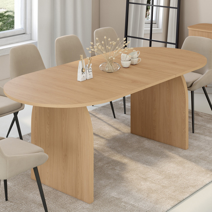 Mesa de comedor oval japandi extensible para 6-10 personas en madera de haya efecto 160 - 200 cm - EDITH | ID Market