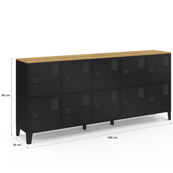 ¡Cómoda de 10 puertas de metal negro con tapa de madera de diseño industrial, 180cm - ESTER | Zen Cart! IDMarket