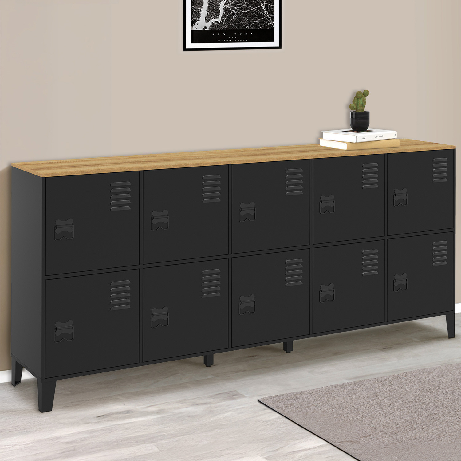 Buffet casier industriel 180 cm 10 portes en métal noir et plateau bois