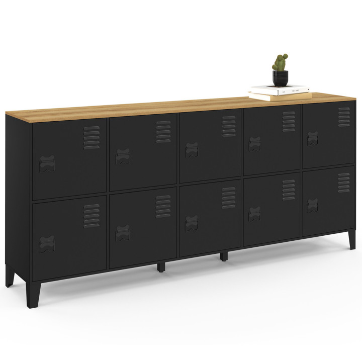 ¡Cómoda de 10 puertas de metal negro con tapa de madera de diseño industrial, 180cm - ESTER | Zen Cart! IDMarket