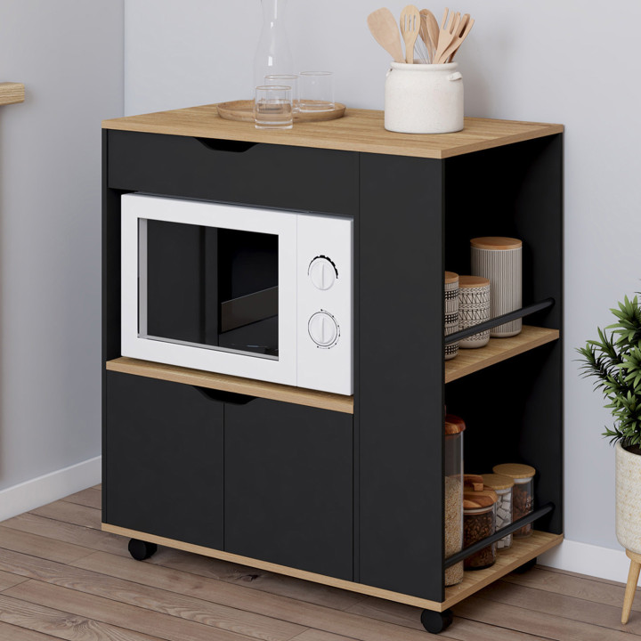 Aparador de cocina para microondas con cajón y especiero, madera negra - COSI | España IDMarket