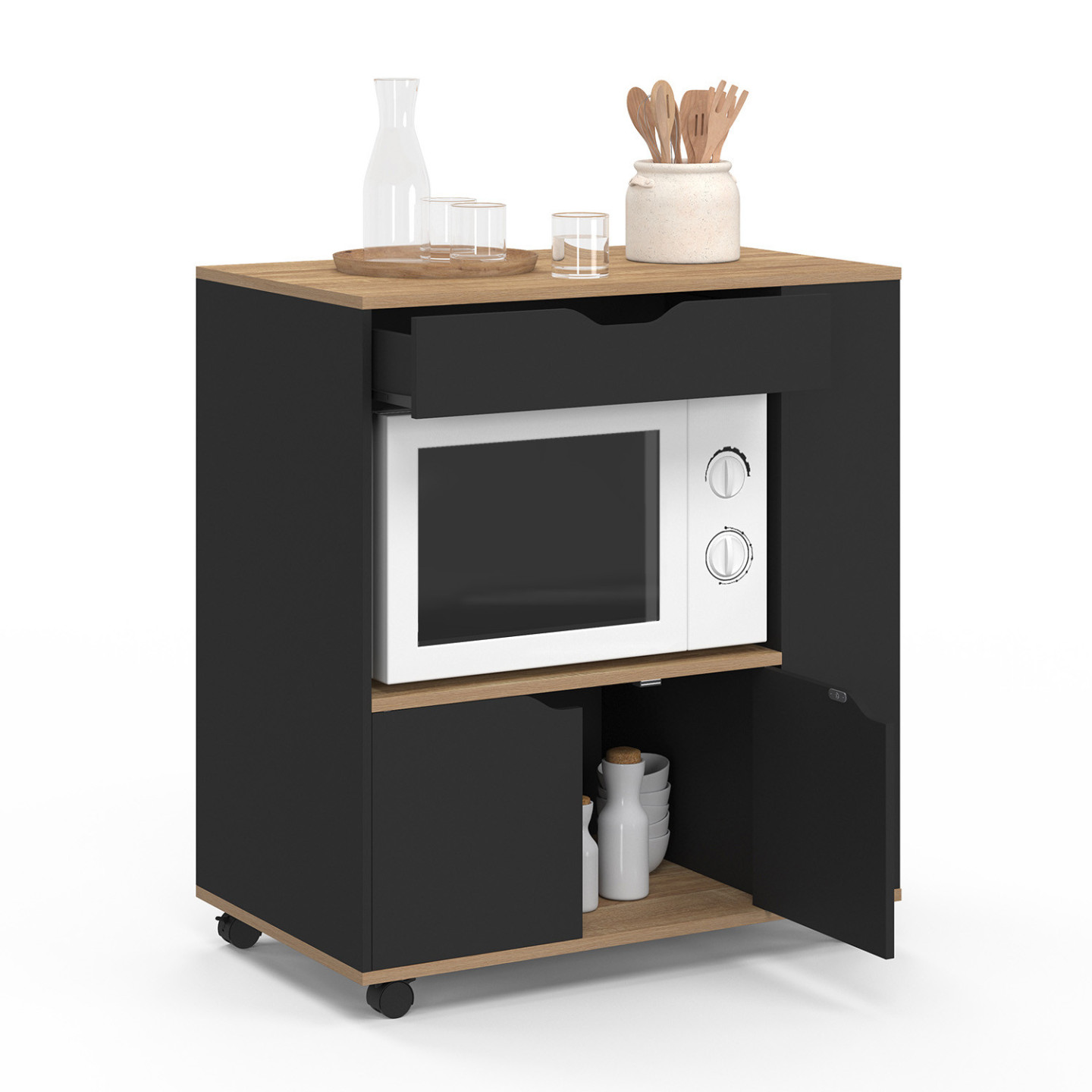 Carro De Cocina COSI IDMarket - Con Estantes, Cajón, Hueco Para Microondas Y Ruedas, 76x46x85 Cm, Blanco Y Madera