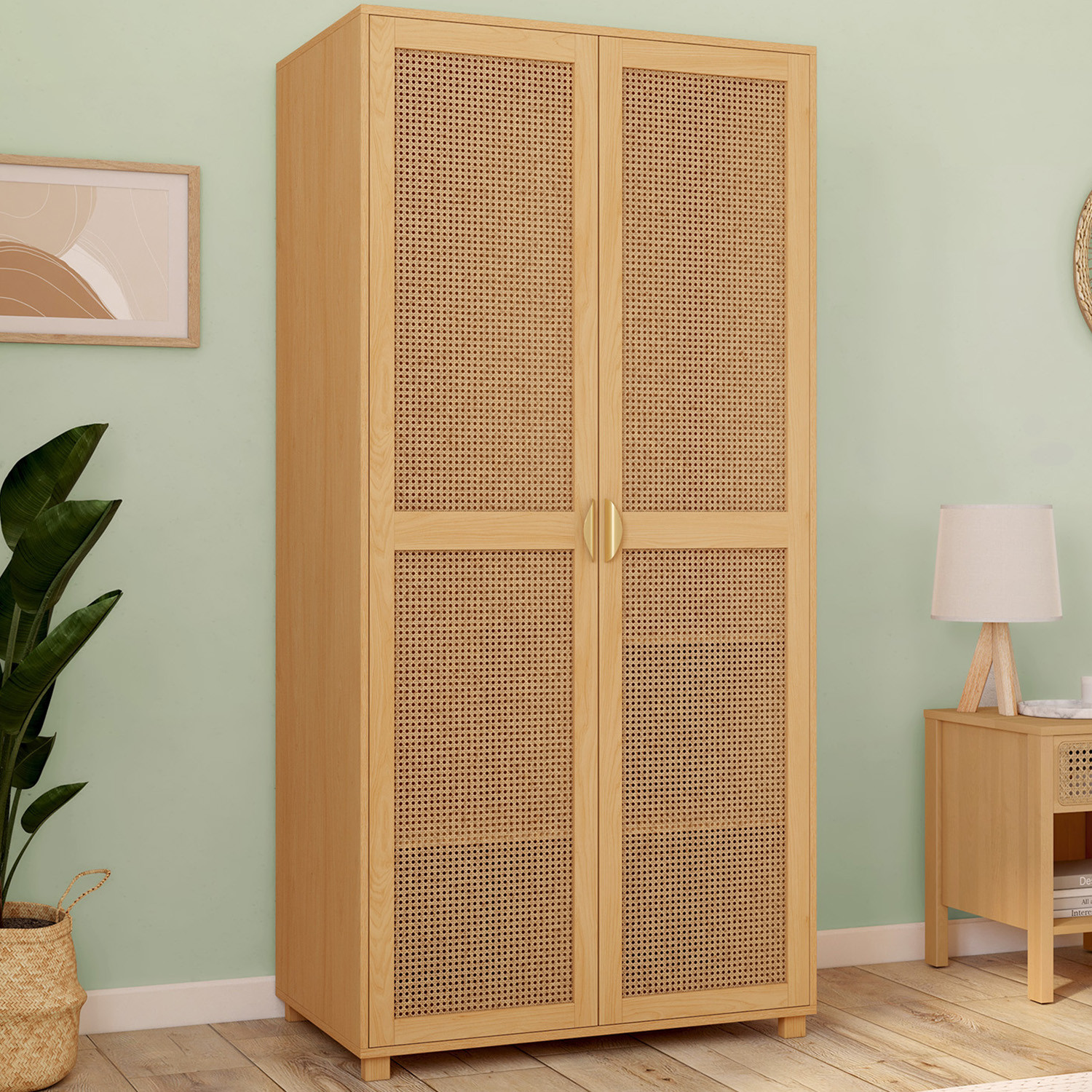 Armoire dressing de 80 cm avec 2 portes en cannage et une penderie avec étagères