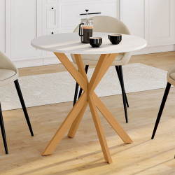 Ronde eettafel met houten spinnenpoot en wit tafelblad - GISELE