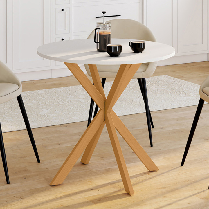 Tavolo da pranzo rotondo con base a ragno in legno e piano bianco - GISELE