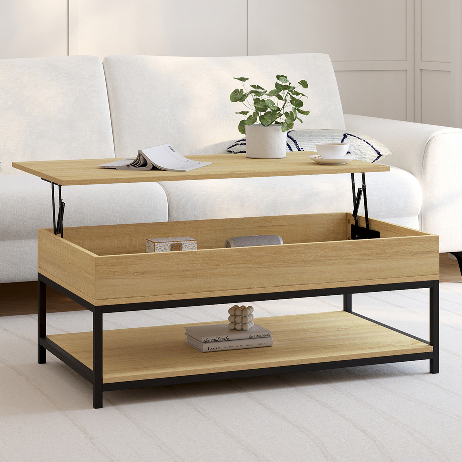 Table basse industrielle plateau relevable avec étagère