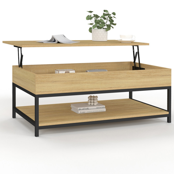 Mesa de centro industrial con tablero elevable de madera y metal - DETROIT | ID Market