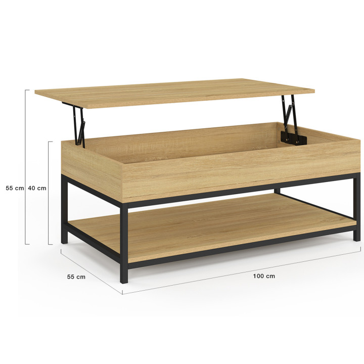 Mesa de centro industrial con tablero elevable de madera y metal - DETROIT | ID Market