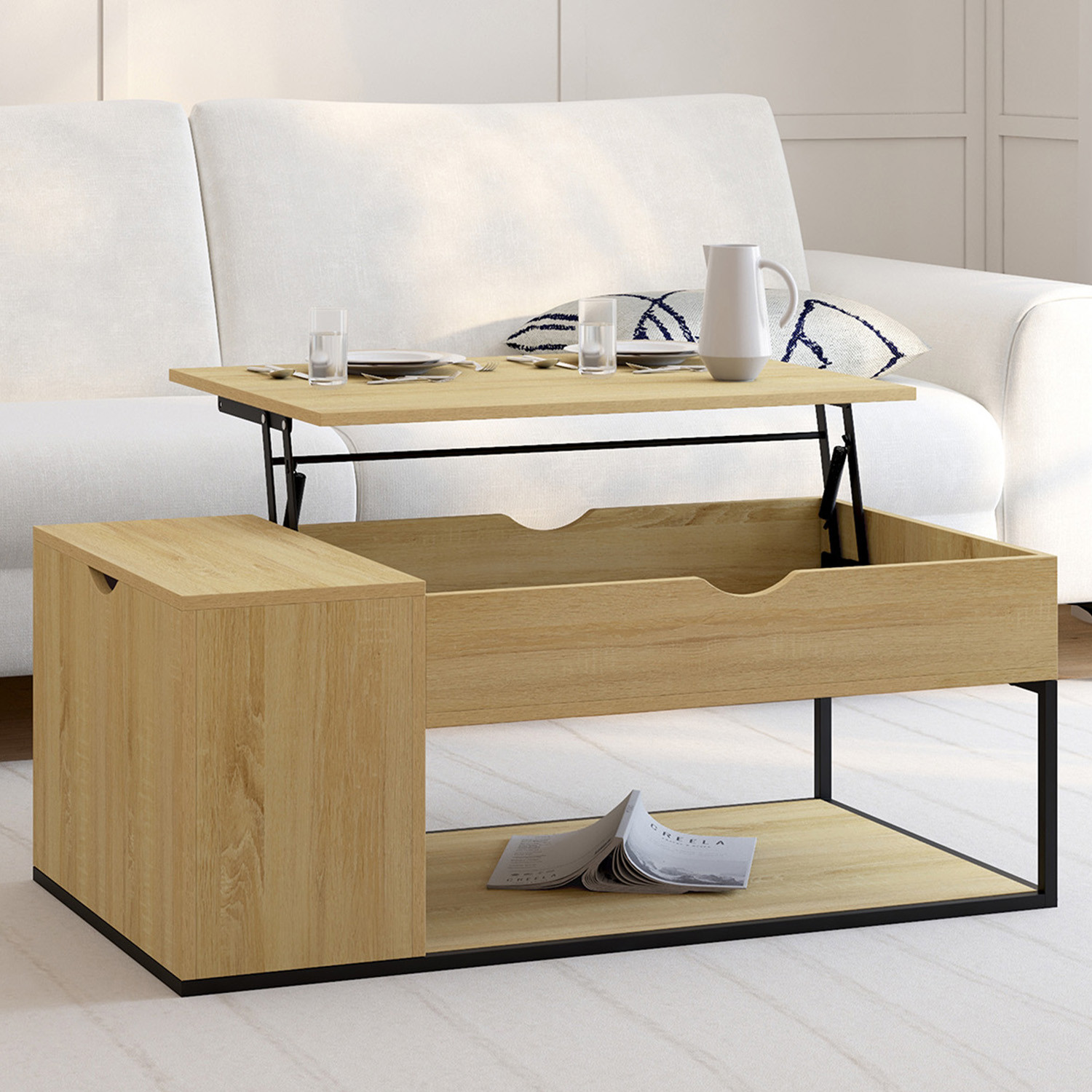 Table basse industrielle plateau relevable avec coffre