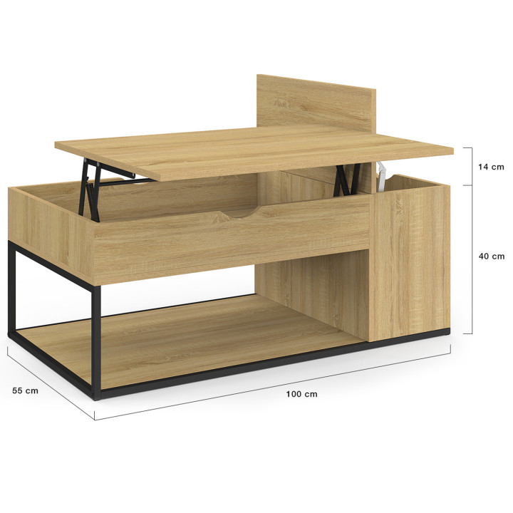 Mesa de centro industrial con tablero y caja elevables de madera y metal - DETROIT | ID Market