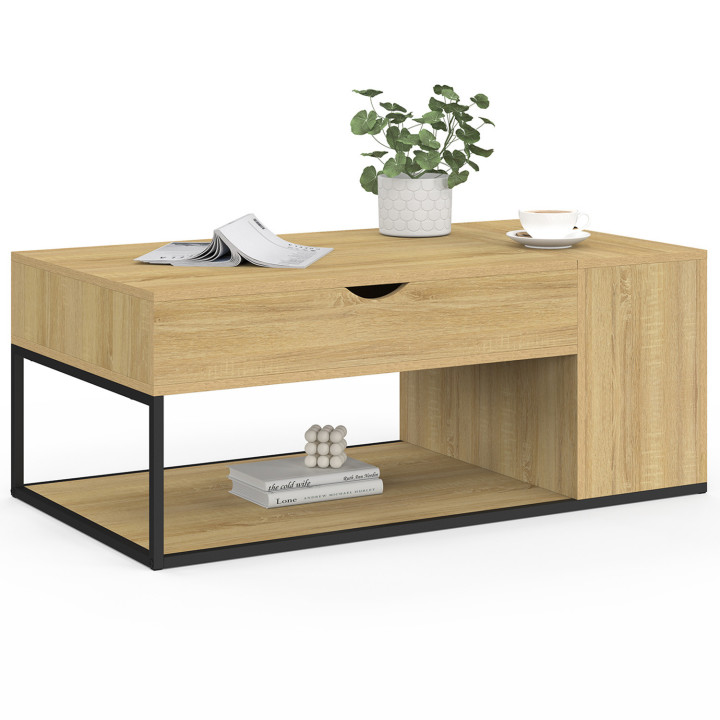 Mesa de centro industrial con tablero y caja elevables de madera y metal - DETROIT | ID Market