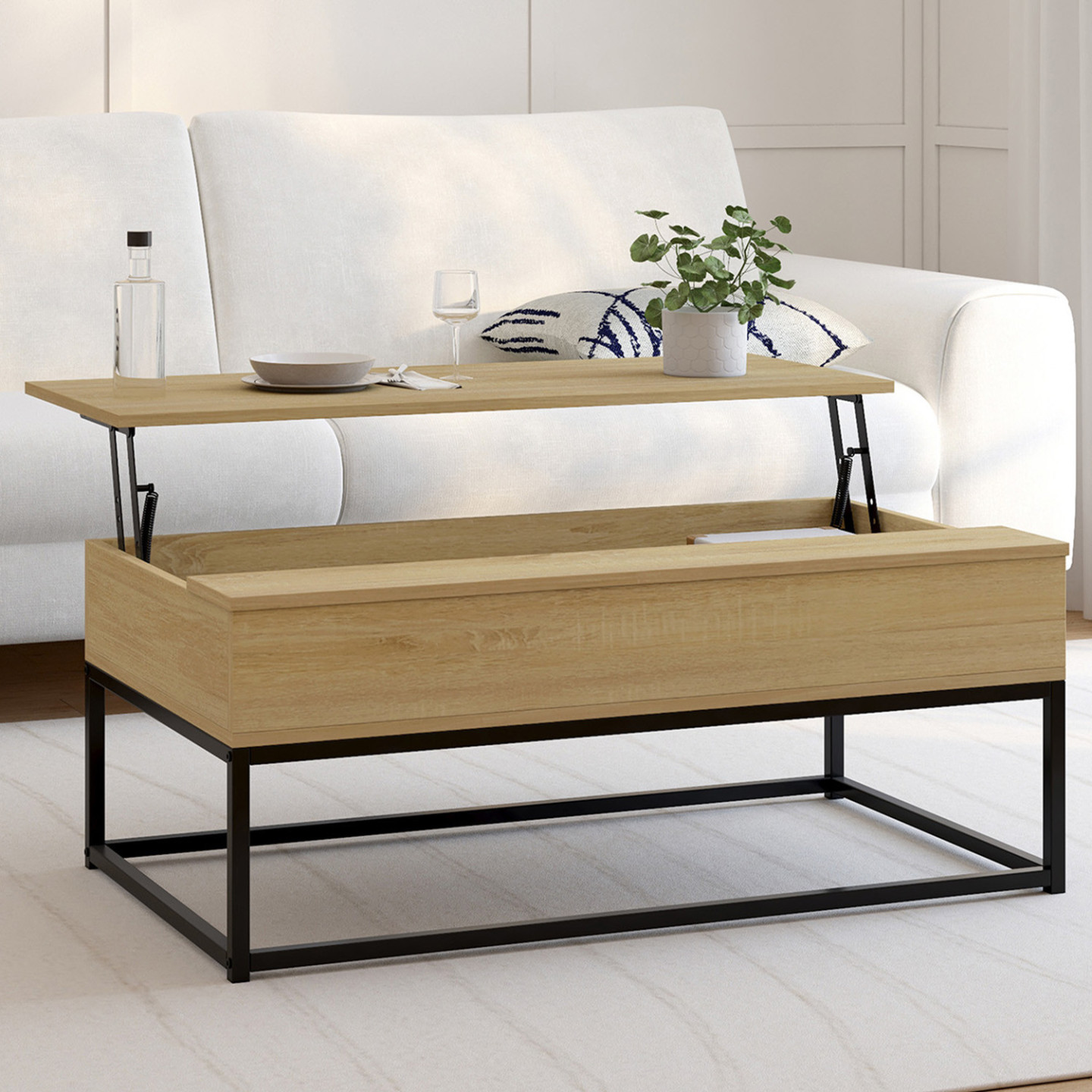 Table Basse Relevable Blanche – Design Contemporain Avec Tablette – Bois Blanc