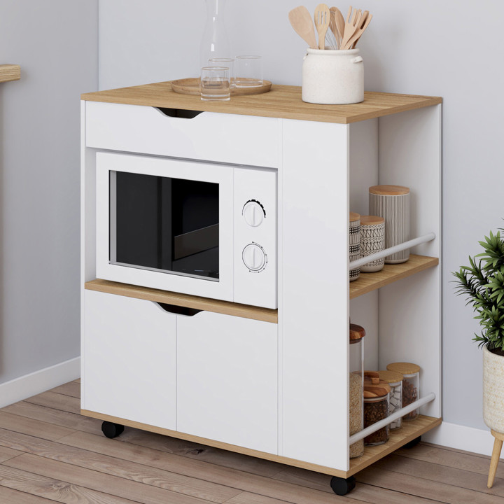 Aparador para microondas de cocina con cajón y especiero, madera blanca - COSI | España IDMarket