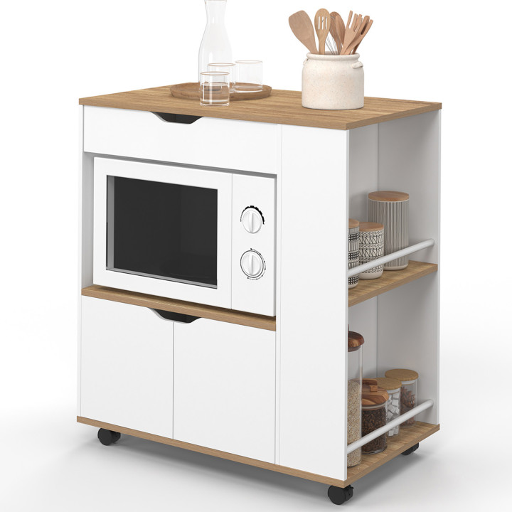 Aparador para microondas de cocina con cajón y especiero, madera blanca - COSI | España IDMarket