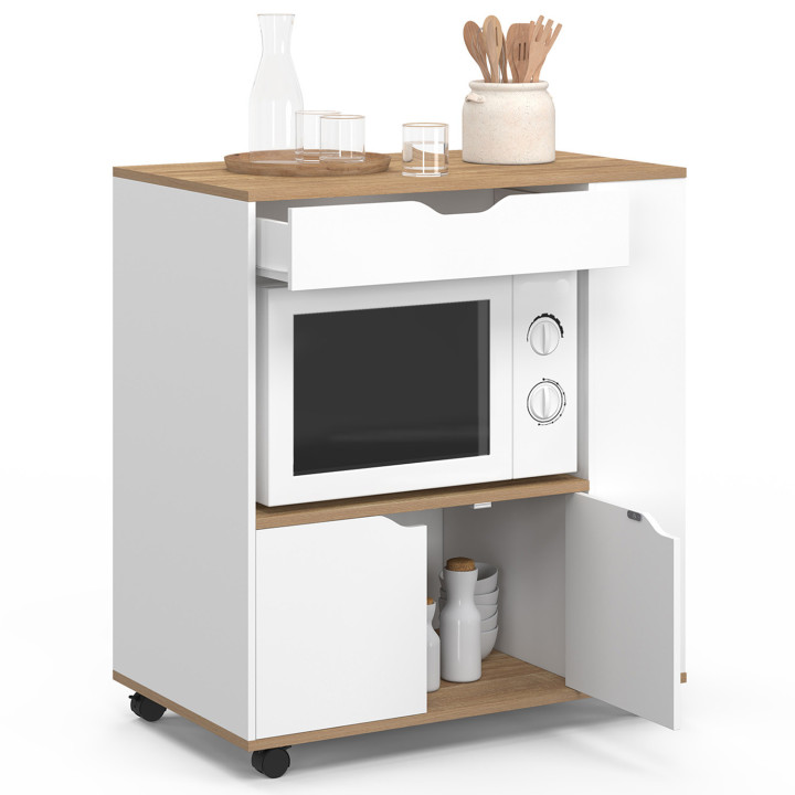 Aparador para microondas de cocina con cajón y especiero, madera blanca - COSI | España IDMarket
