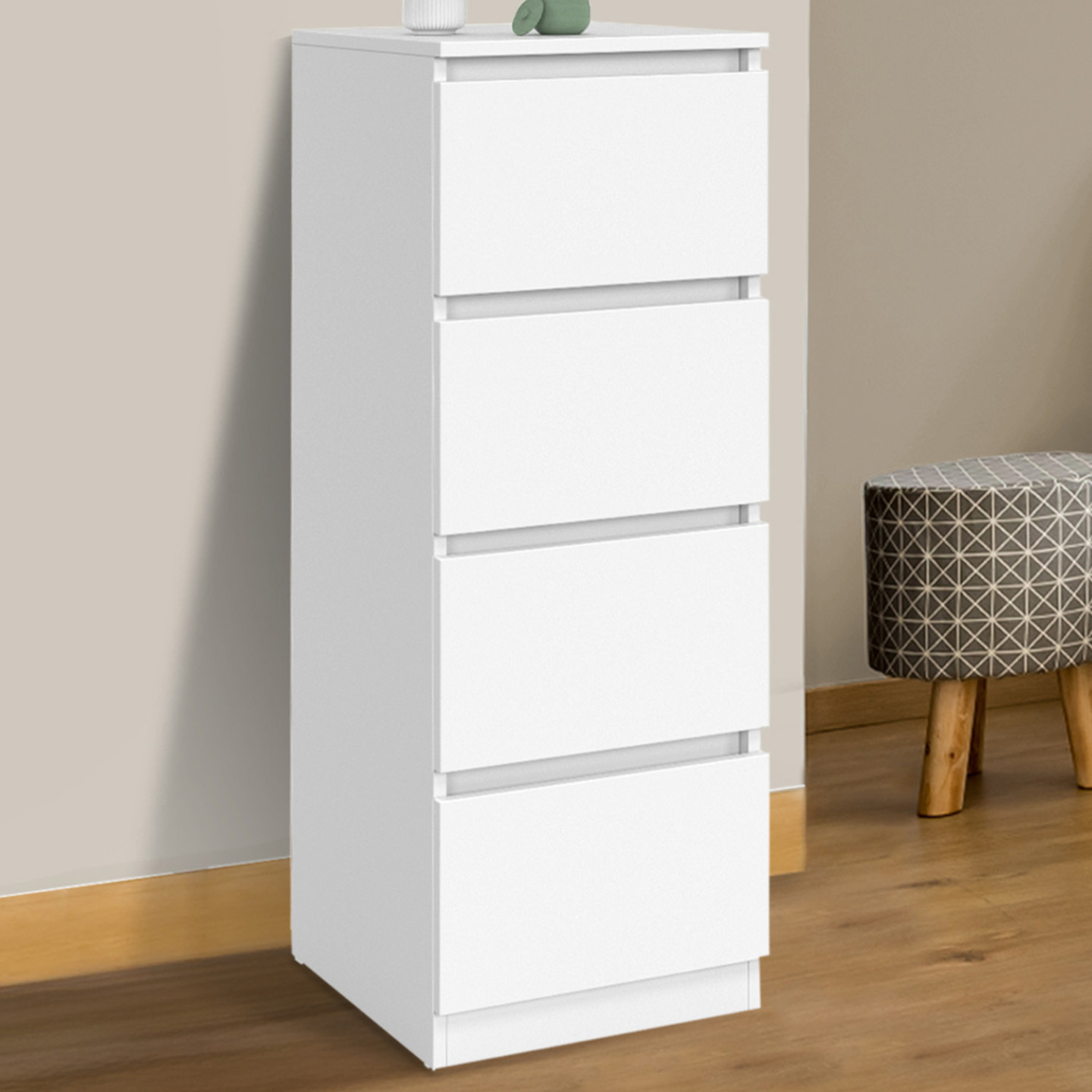 Mobile Ausiliario 4 Cassetti TOMI 30x30x80 Cm – Bianco, Legno E Panno, Per Ingresso, Bagno O Camera