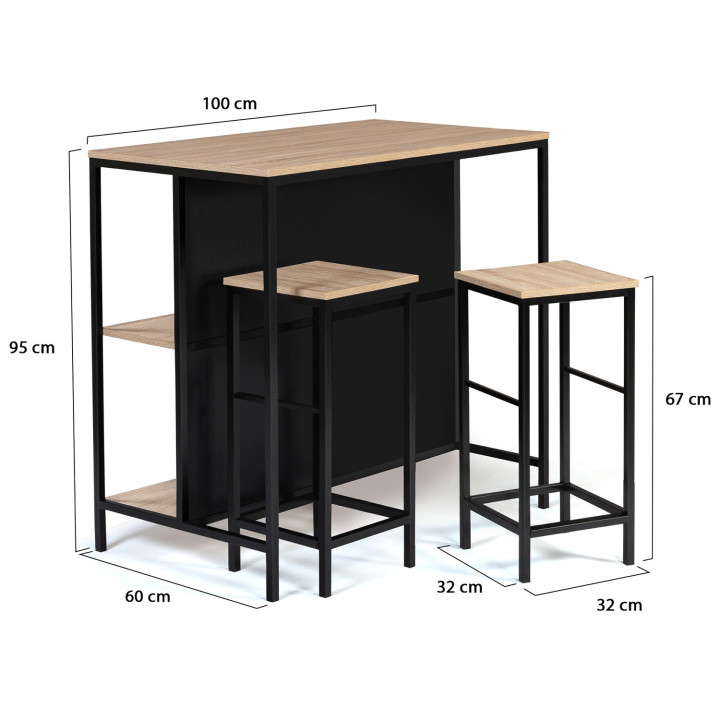 Mesa de bar industrial con 2 taburetes de metal y madera - DETROIT | ID Market