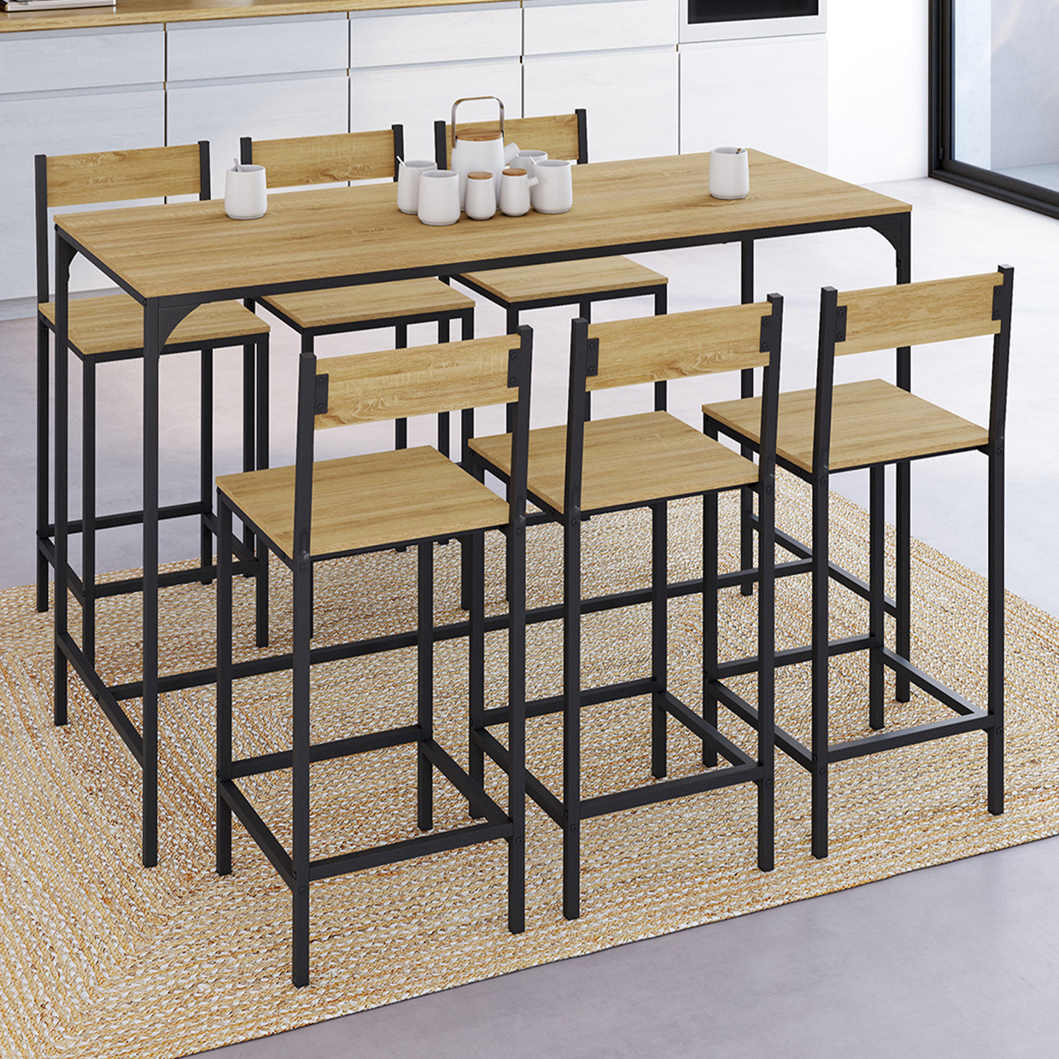 Ensemble table et 6 chaises hautes de bar au design industriel