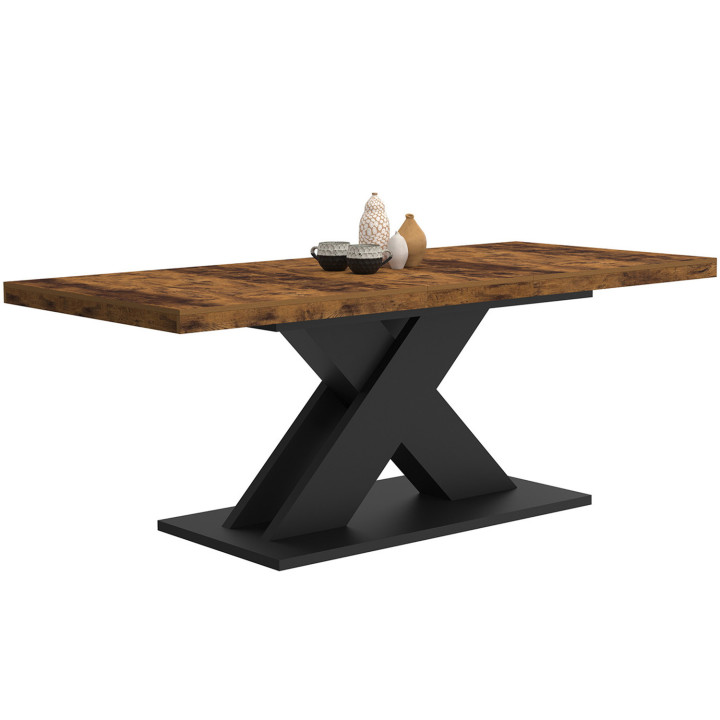 Mesa de comedor rectangular extensible 6-10 personas tablero madera oscura y pata X negra 160-200 cm - ALICIA | Mesa de comedor