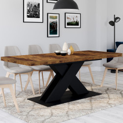 Mesa de comedor rectangular extensible 6-10 personas tablero madera oscura y pata X negra 160-200 cm - ALICIA | Mesa de comedor