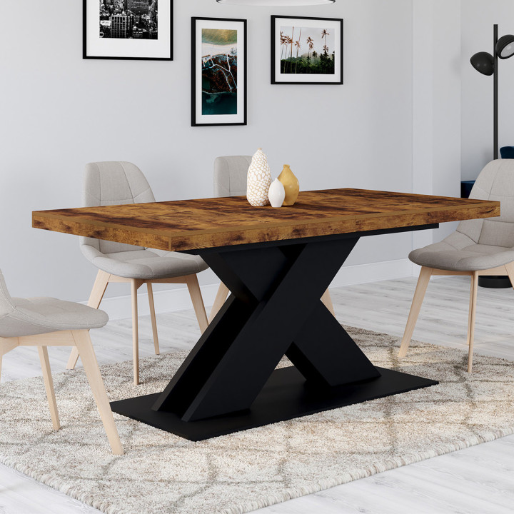 Mesa de comedor rectangular extensible 6-10 personas tablero madera oscura y pata X negra 160-200 cm - ALICIA | Mesa de comedor