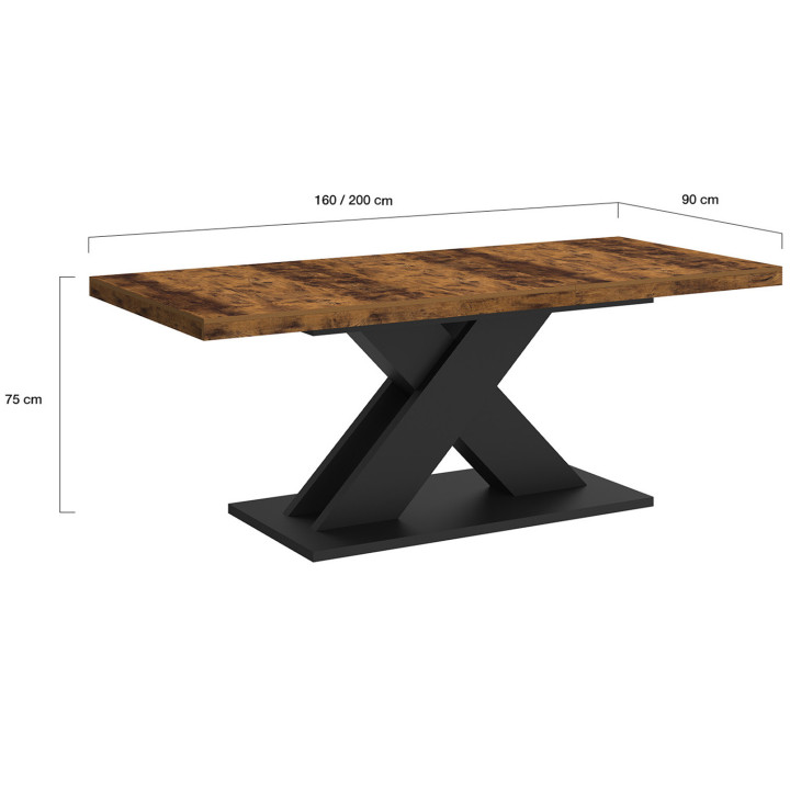 Mesa de comedor rectangular extensible 6-10 personas tablero madera oscura y pata X negra 160-200 cm - ALICIA | Mesa de comedor