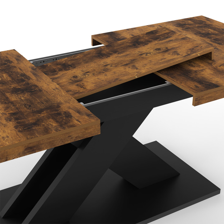 Mesa de comedor rectangular extensible 6-10 personas tablero madera oscura y pata X negra 160-200 cm - ALICIA | Mesa de comedor