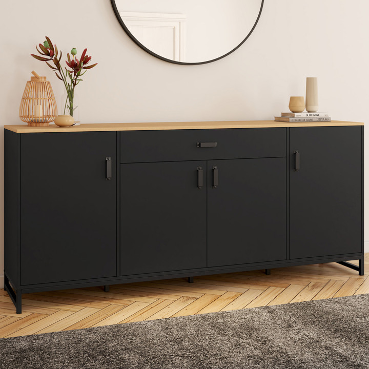 ¡Aparador 180 cm XXL 4 puertas y 1 cajón madera y negro - WASHINGTON | Zen Cart! IDMarket