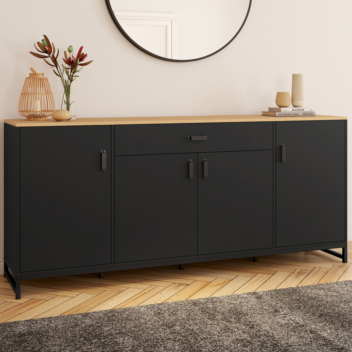Buffet Bas Style Japonais Noir – 2 Portes, 1 étagère – Dimensions L90 X H50 X P50 Cm